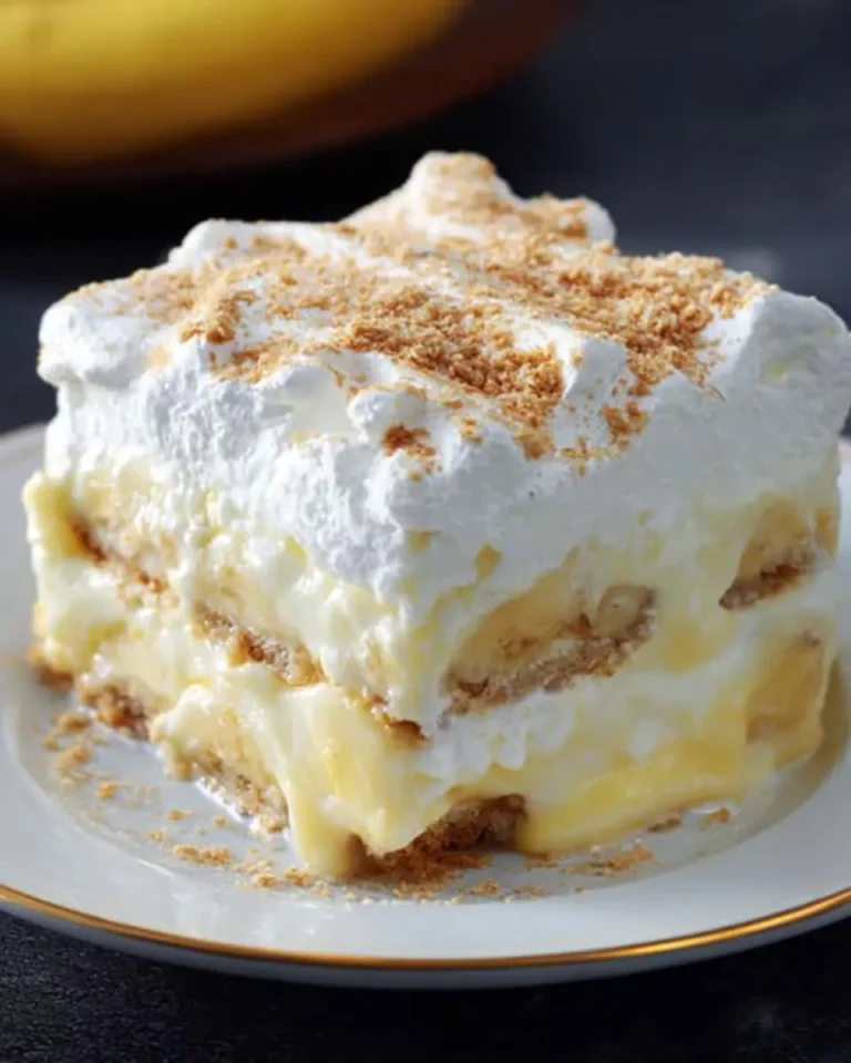 A slice of layered Banana Pudding Lush dessert topped with whipped cream and crushed cookies on a white plate.