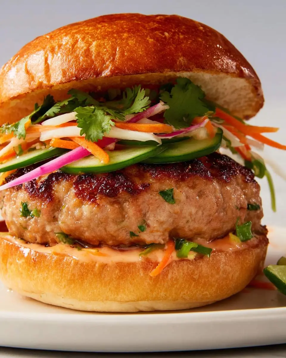 A juicy Banh Mi Turkey Burger with pickled vegetables, cilantro, and spicy mayo on a toasted brioche bun.
