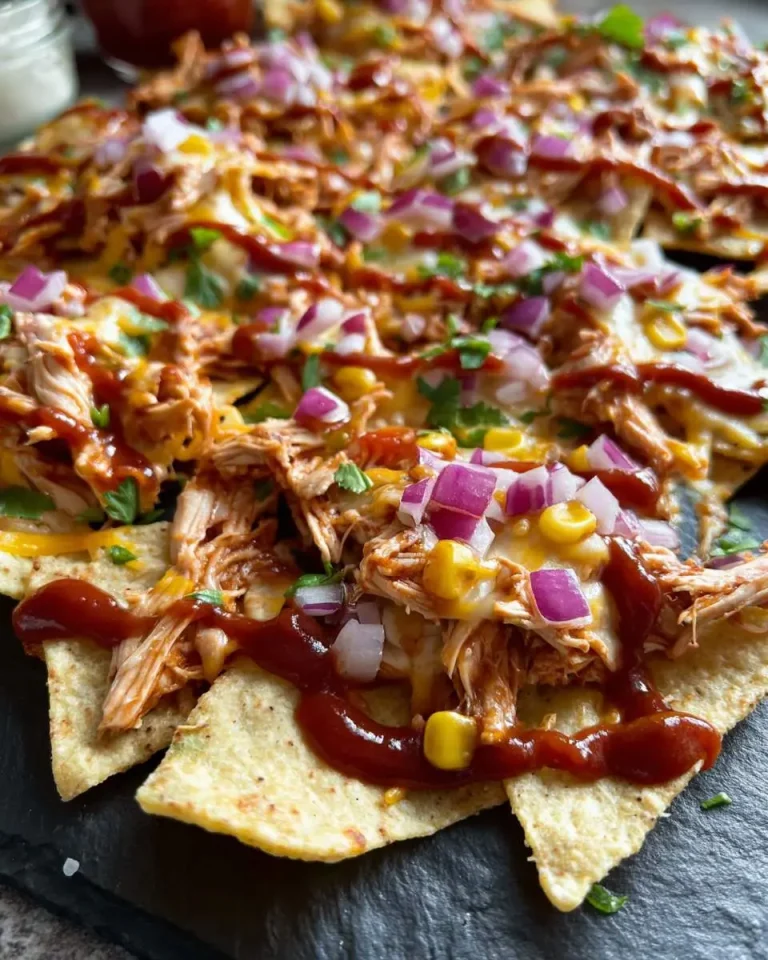 BBQ Chicken Nachos loaded with shredded chicken, melted cheese, red onions, corn, and drizzled barbecue sauce on tortilla chips.