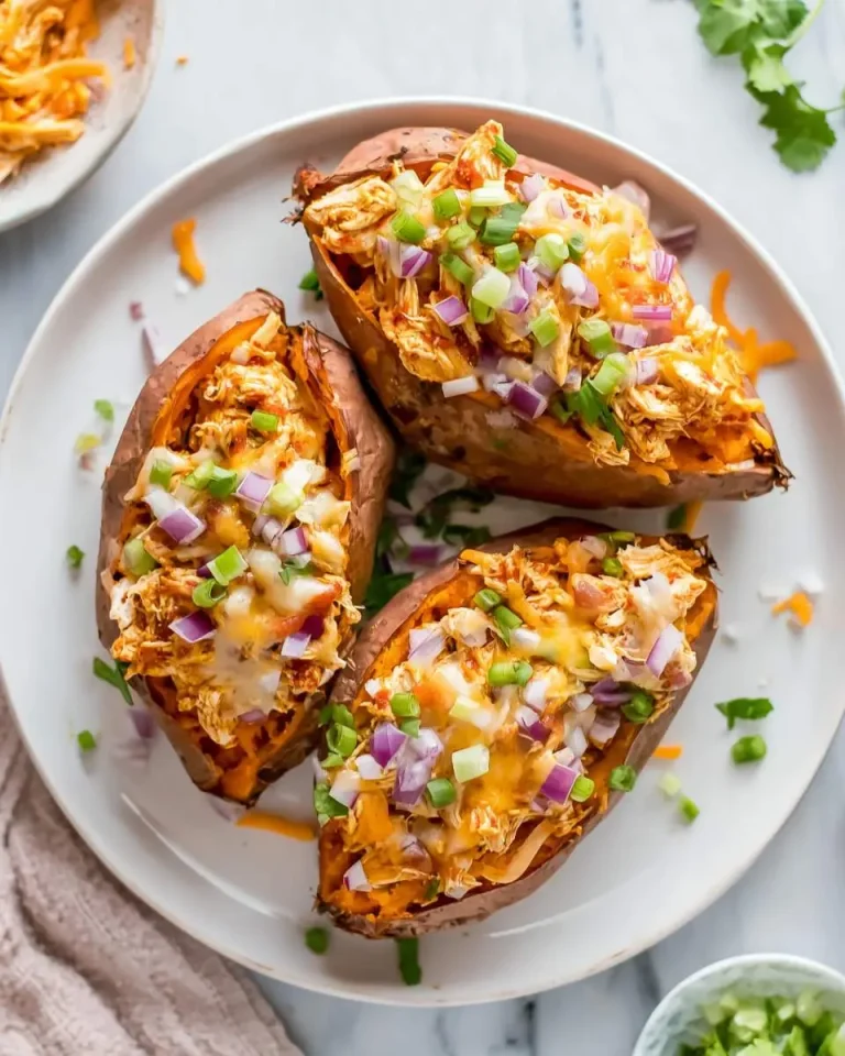 Three BBQ Chicken Stuffed Sweet Potatoes topped with melted cheese, red onion, and green onions on a white plate.