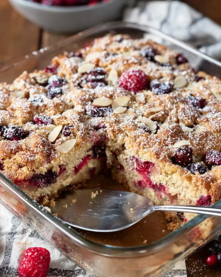 A freshly baked berry coffee cake in a glass dish with sliced almonds and powdered sugar, with one piece removed.