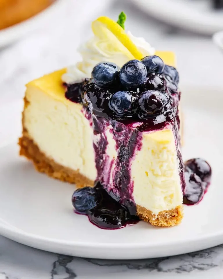 A slice of creamy Blueberry Cheesecake topped with fresh berries, blueberry sauce, whipped cream, and a lemon twist on a white plate.