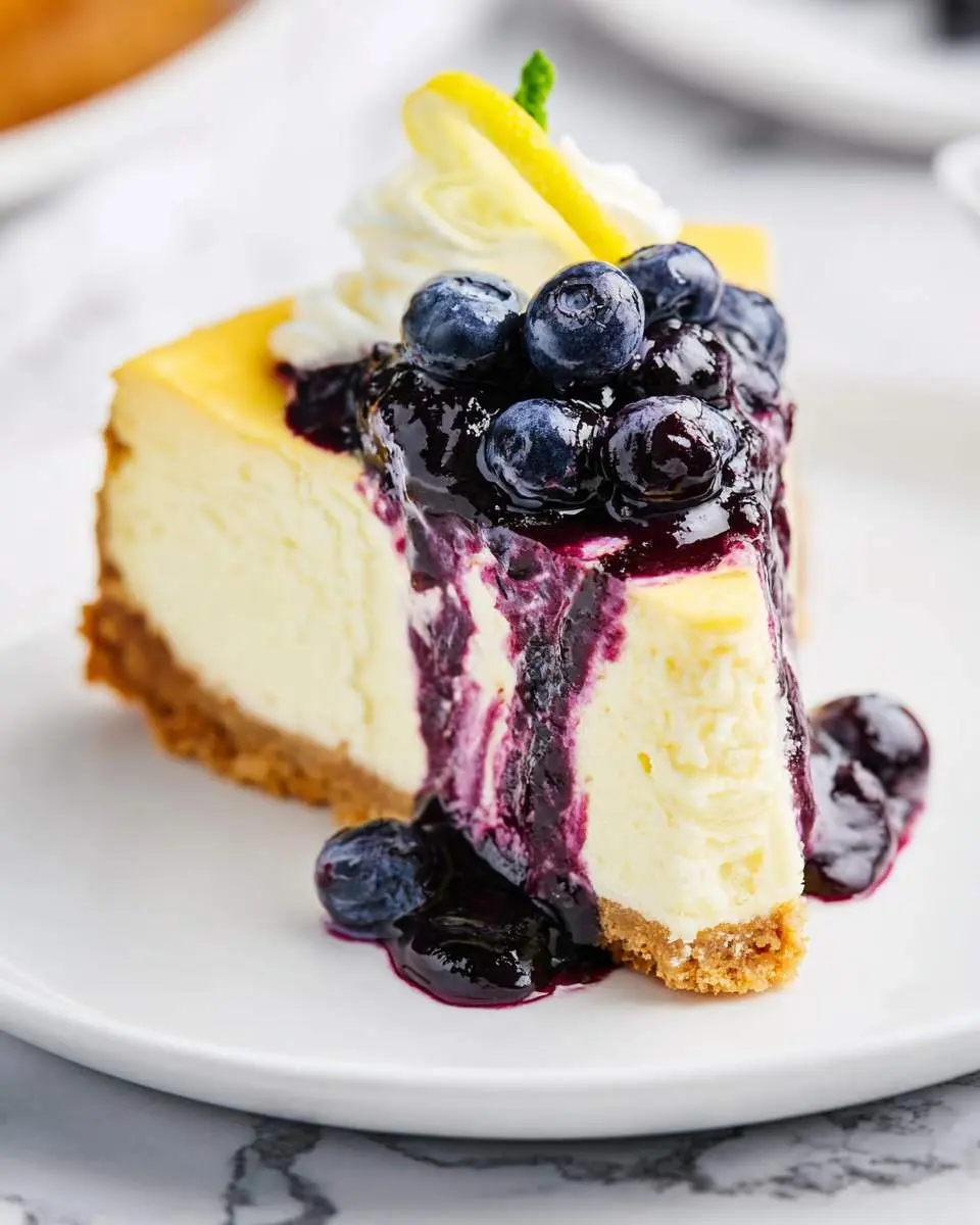 A slice of creamy Blueberry Cheesecake topped with fresh berries, blueberry sauce, whipped cream, and a lemon twist on a white plate.