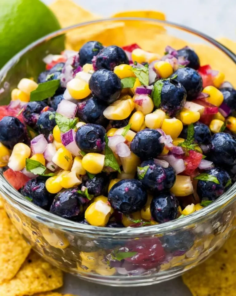 Fresh Blueberry Corn Salsa in a glass bowl with tortilla chips and lime.