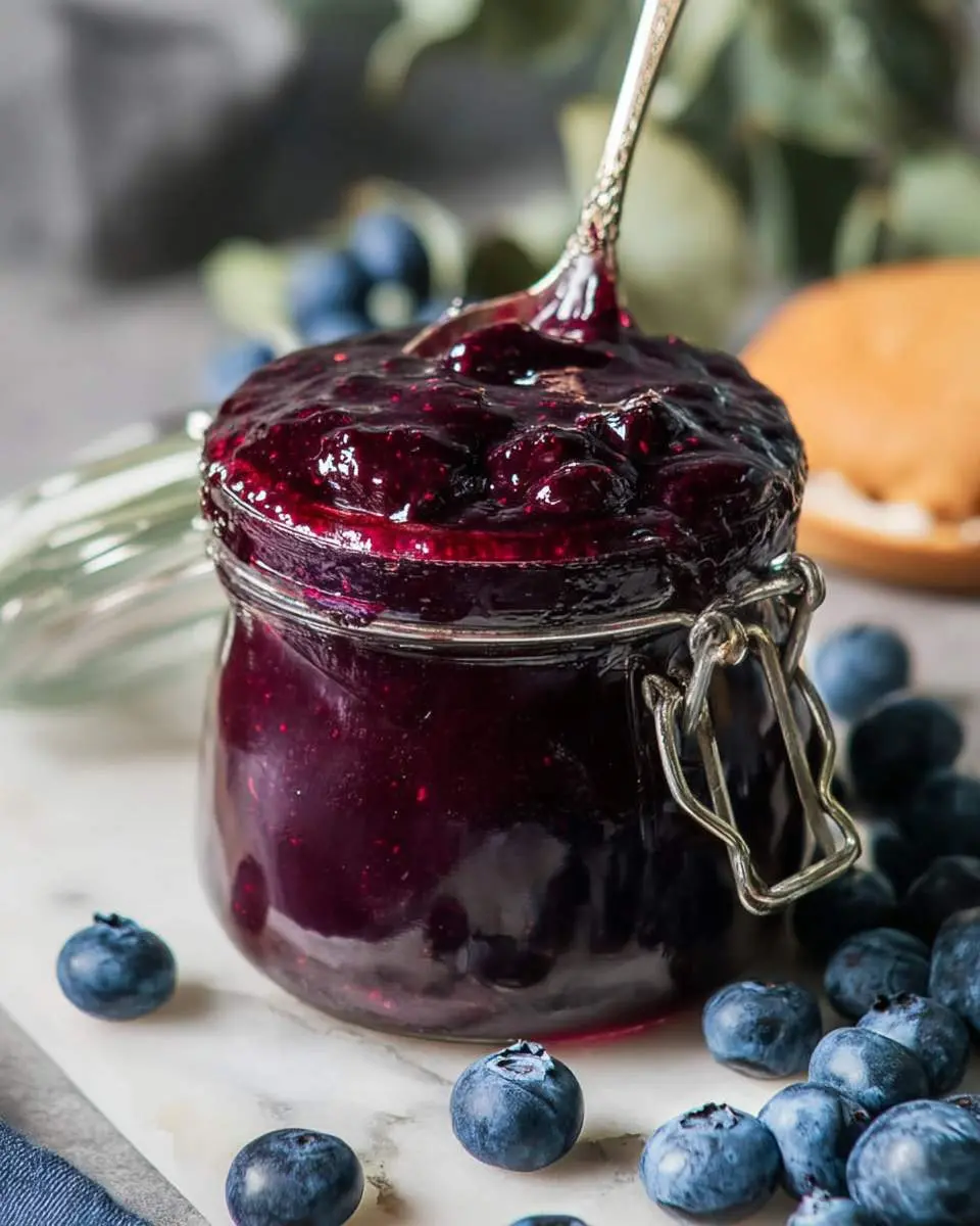 Homemade blueberry sauce recipe in a glass jar with a spoon, surrounded by fresh blueberries.