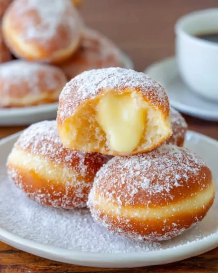 Stack of Bomboloni Italian Donuts dusted with powdered sugar, one with a bite revealing creamy custard filling.