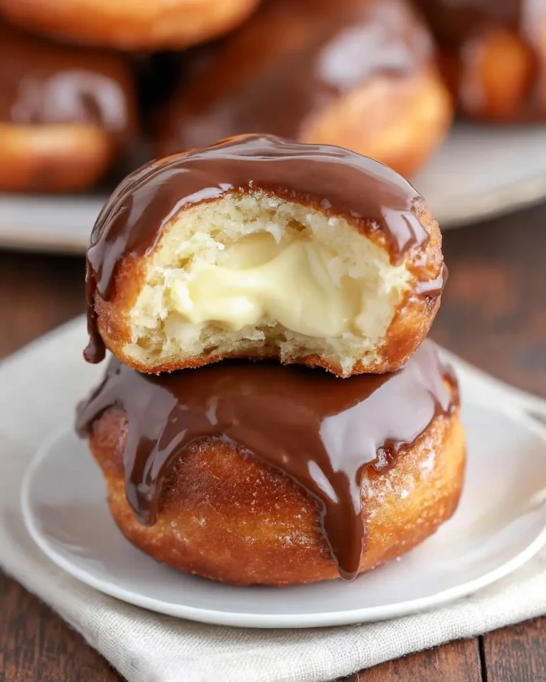 Two Boston Cream Donut Bites stacked on a plate, with the top one bitten to reveal creamy vanilla filling.