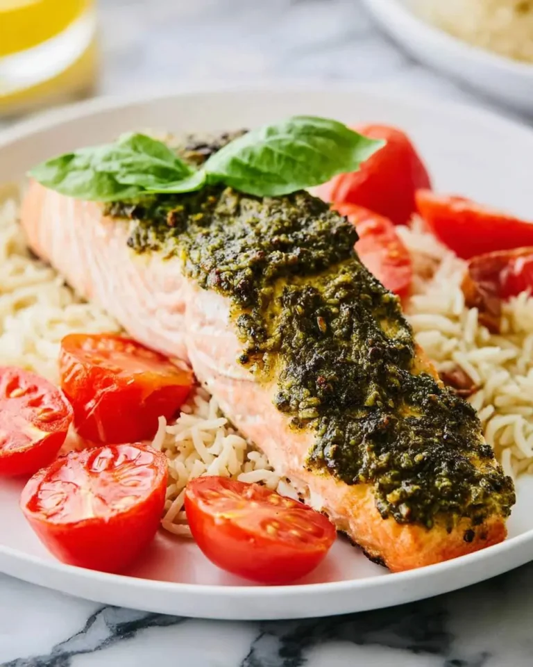 Broiled Pesto Salmon fillet topped with fresh basil, served over rice with roasted cherry tomatoes on a white plate.