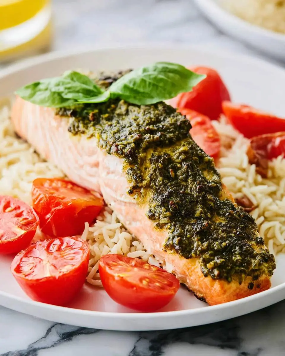 Broiled Pesto Salmon fillet topped with fresh basil, served over rice with roasted cherry tomatoes on a white plate.