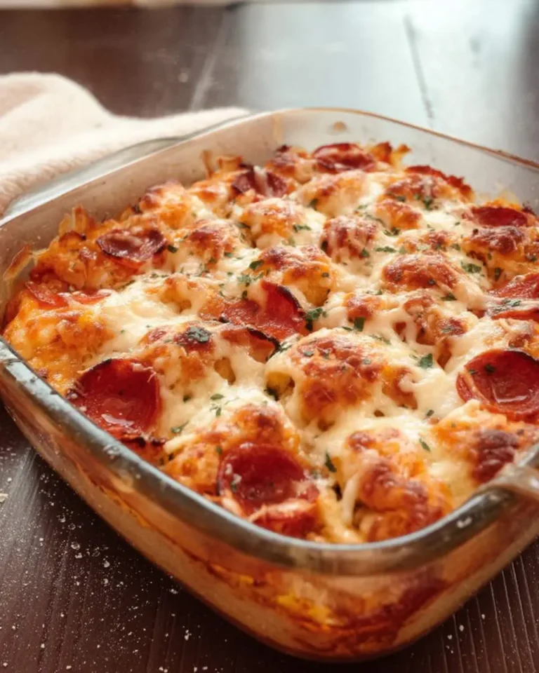 Freshly baked Bubble Up Pizza in a glass dish topped with melted cheese, pepperoni, and herbs.