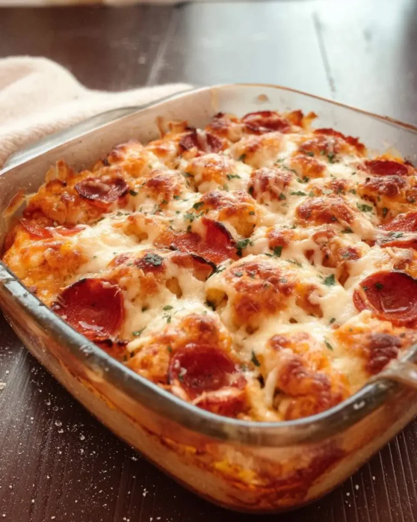 Freshly baked Bubble Up Pizza in a glass dish topped with melted cheese, pepperoni, and herbs.