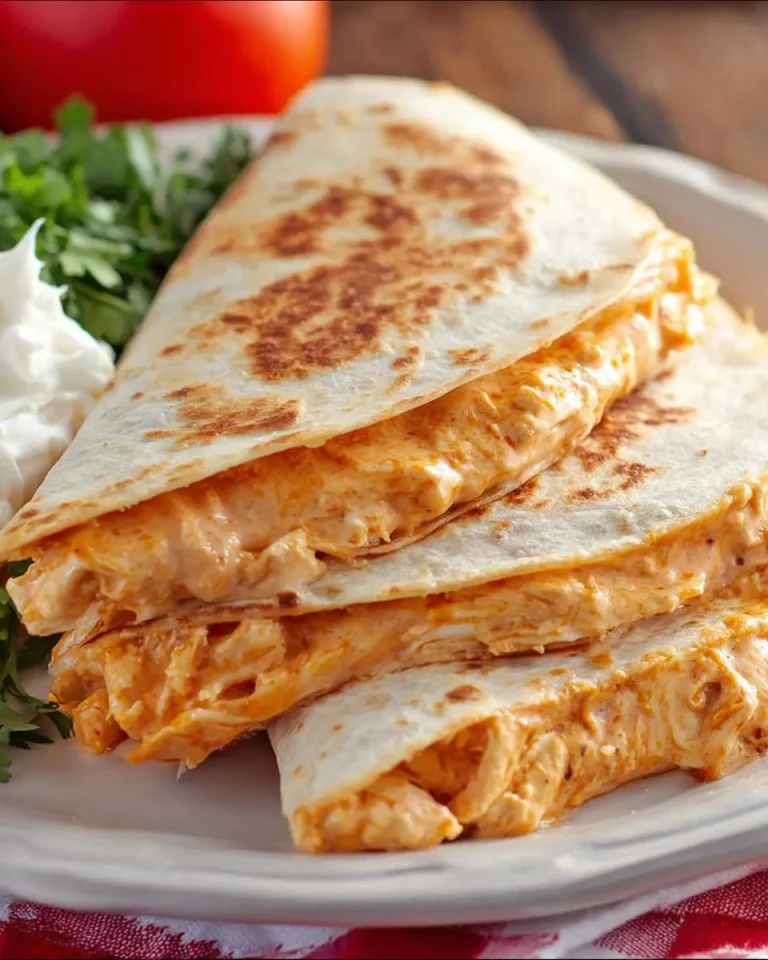 Stacked Buffalo Chicken Quesadillas on a plate with sour cream and cilantro.