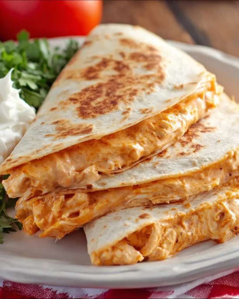 Stacked Buffalo Chicken Quesadillas on a plate with sour cream and cilantro.