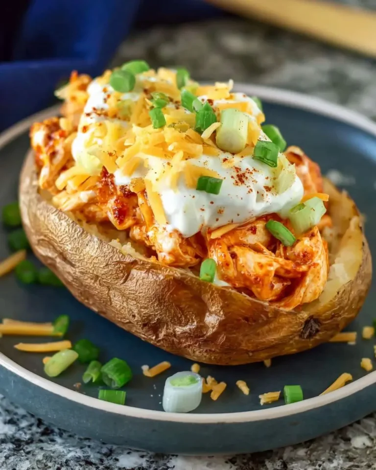 Buffalo Chicken Stuffed Potato topped with sour cream, shredded cheddar cheese, and green onions on a blue plate.