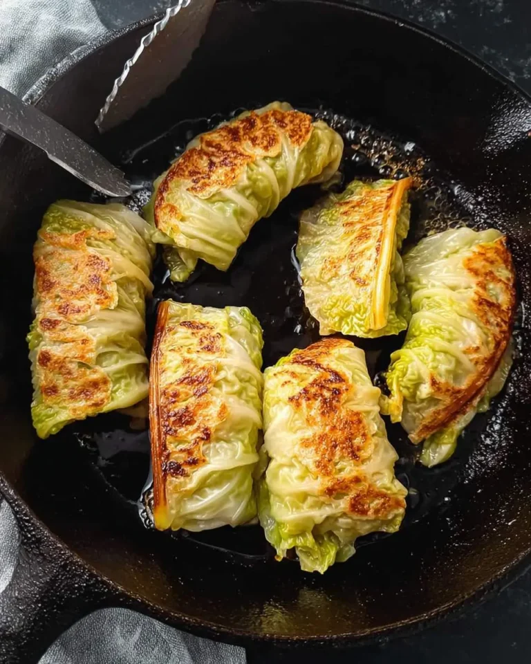 Six golden-brown cabbage dumplings sizzling in a cast iron skillet, showing crispy seared edges.
