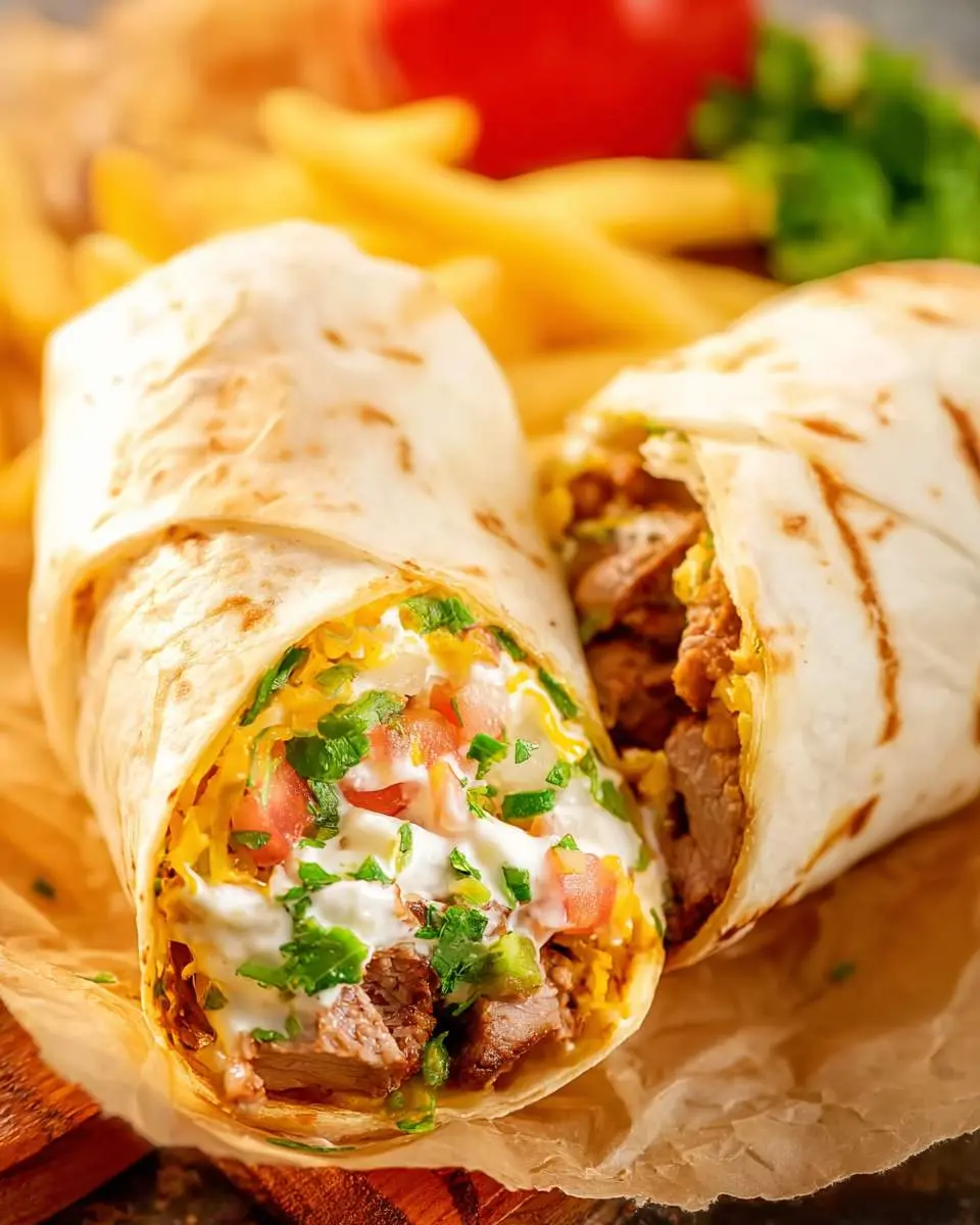 A California Burrito Recipe wrap cut in half showing steak, fries, cheese, sour cream, and fresh toppings.