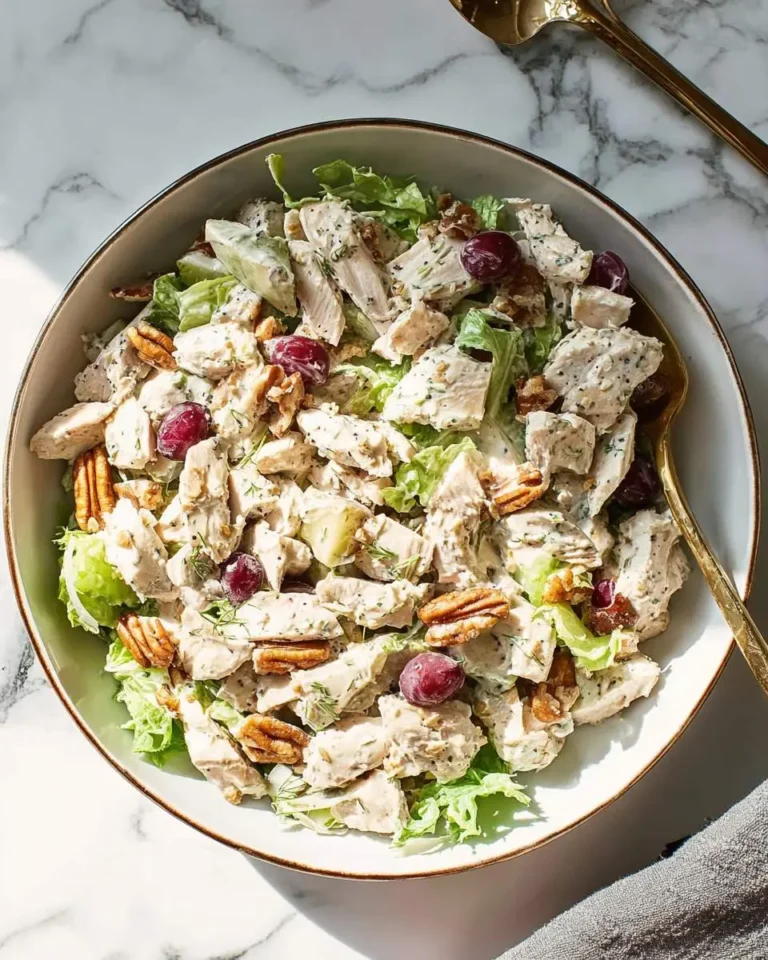 California Chicken Salad with tender chicken, grapes, pecans, and creamy dressing served in a bowl.