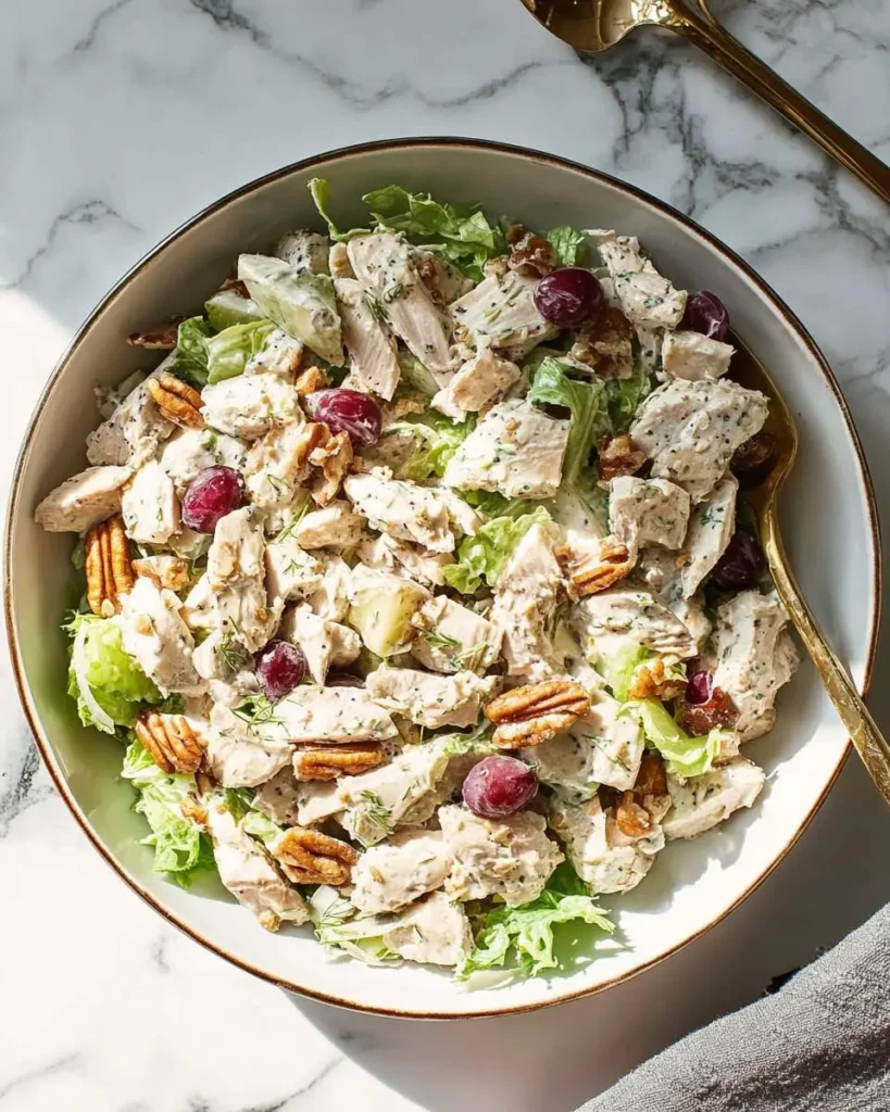 California Chicken Salad with tender chicken, grapes, pecans, and creamy dressing served in a bowl.