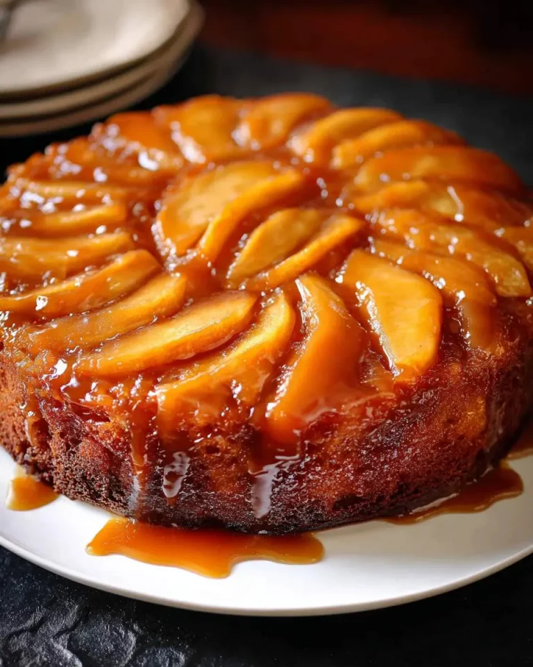 A glossy Caramel Apple Upside-Down Cake with arranged apple slices and dripping caramel sauce on a white plate.