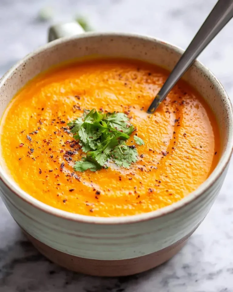 A bowl of creamy carrot and coriander soup garnished with fresh herbs and black pepper, with a spoon.