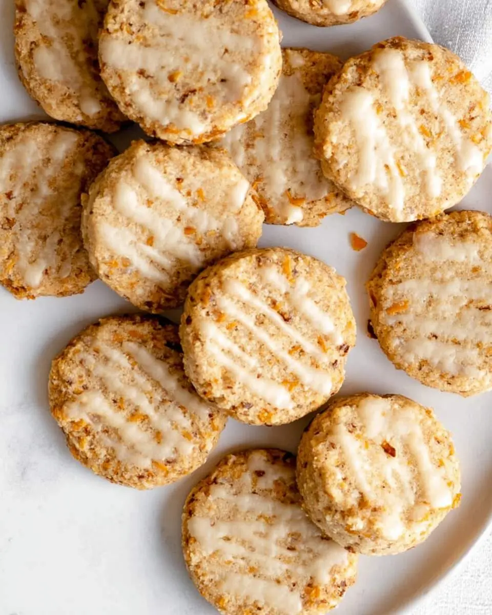 Round Carrot Cake Shortbread Cookies with white icing drizzle arranged on a white plate, showing visible carrot and nut pieces.