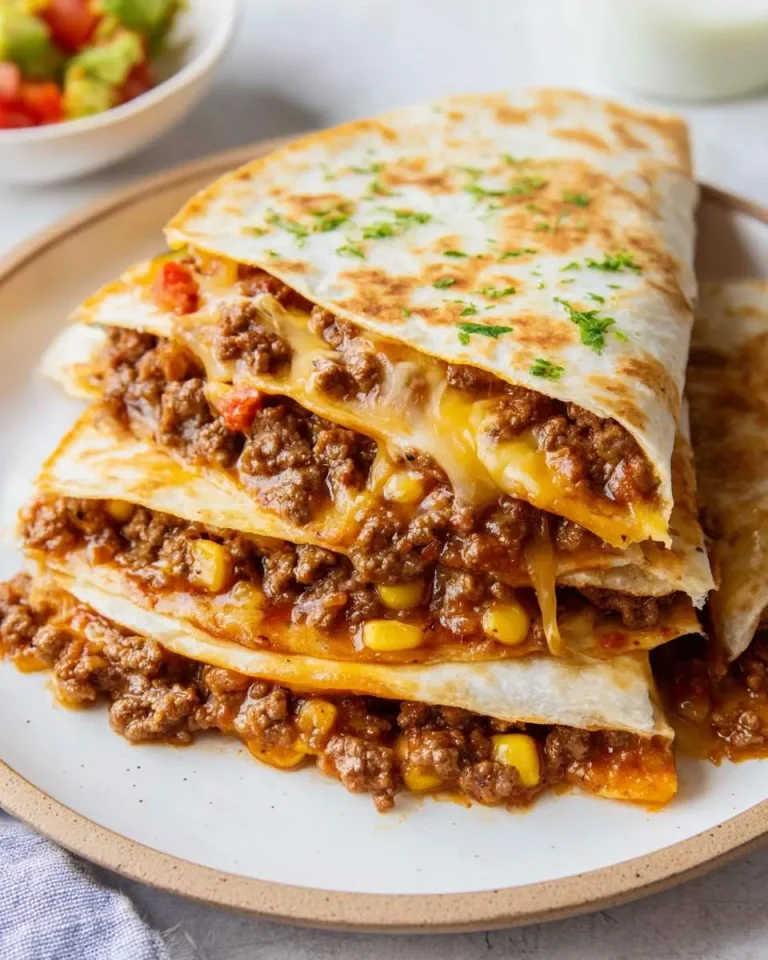 Stacked Cheesy Ground Beef Quesadillas filled with seasoned beef, corn, and melted cheese on a plate.