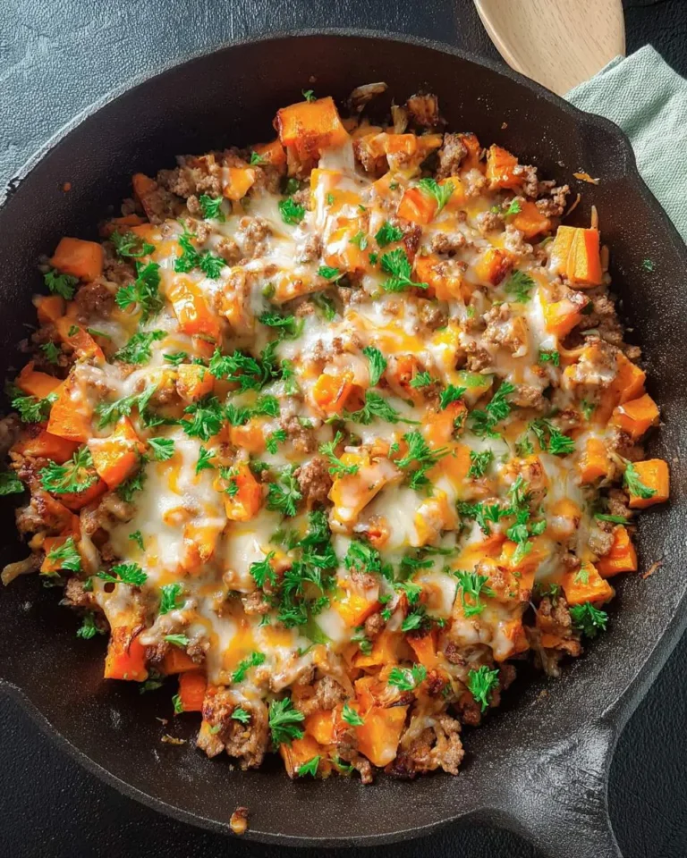 Cheesy Ground Turkey Sweet Potato Skillet topped with melted cheese and fresh parsley in a cast iron pan.