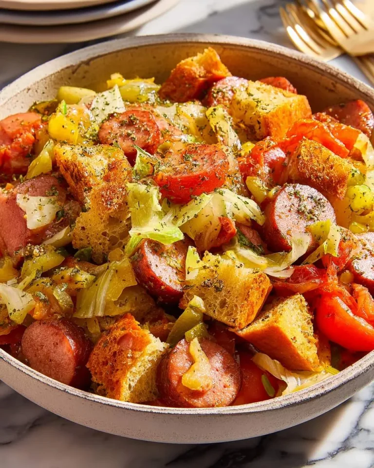 Chicago Dog Panzanella salad with toasted bread cubes, sliced hot dogs, tomatoes, peppers, and celery in a bowl.