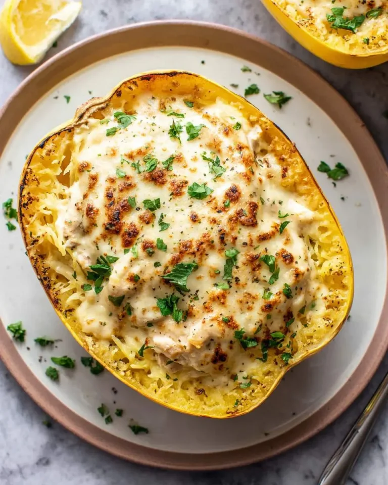 Baked Chicken Alfredo Stuffed Spaghetti Squash topped with melted cheese and fresh parsley on a plate.