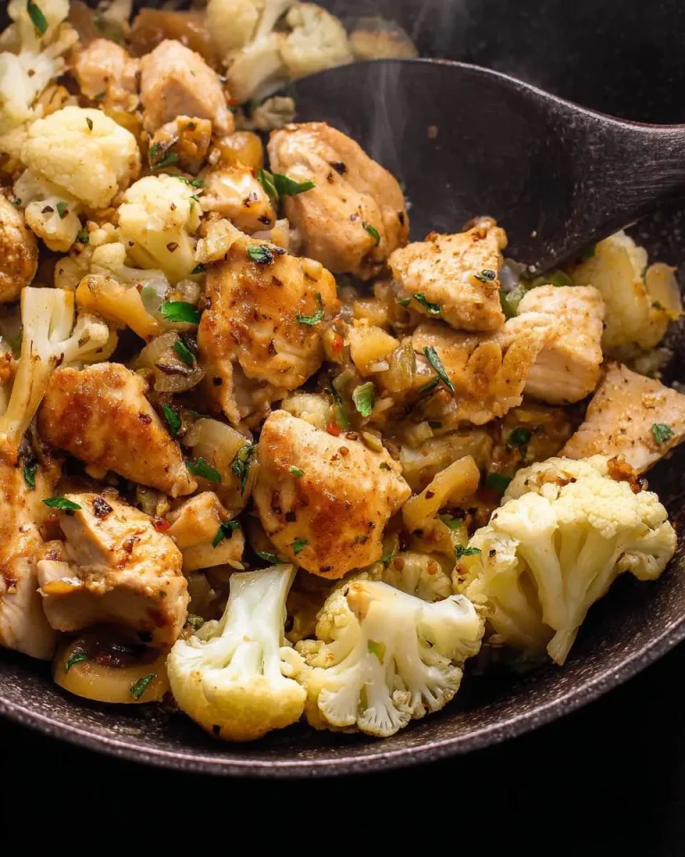 Golden-brown chicken pieces and tender cauliflower florets sizzling in a cast iron skillet with fresh herbs.