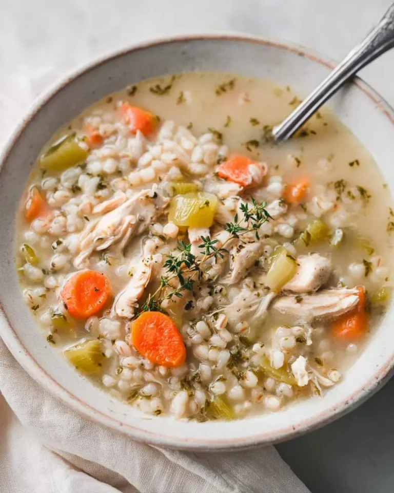 A warm bowl of Chicken Barley Soup with tender chicken, carrots, celery, and barley in a light broth, garnished with fresh thyme.