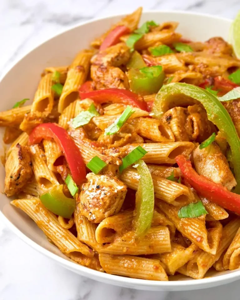 A bowl of Chicken Fajita Pasta with penne, sliced bell peppers, and seasoned chicken in a creamy sauce.