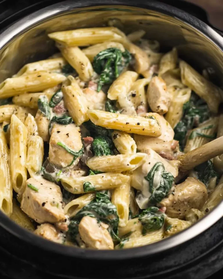 Creamy Chicken Florentine Pasta with penne, spinach, and bacon in a pressure cooker pot.