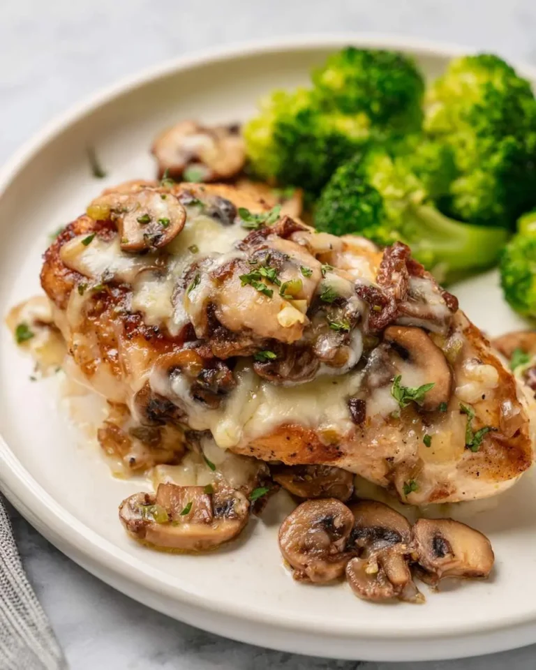 Chicken Lombardy recipe with golden seared chicken topped with melted cheese and sautéed mushrooms, served with broccoli.