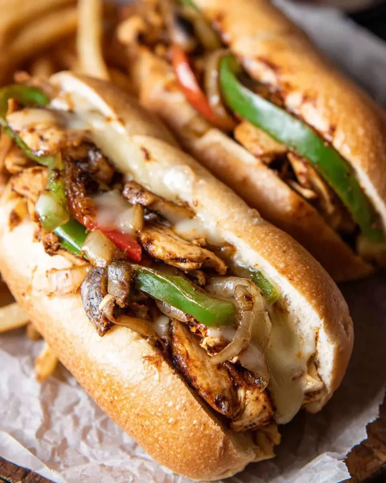 Two Chicken Philly Cheese Steaks loaded with grilled chicken, peppers, onions, and melted cheese on hoagie rolls with fries.