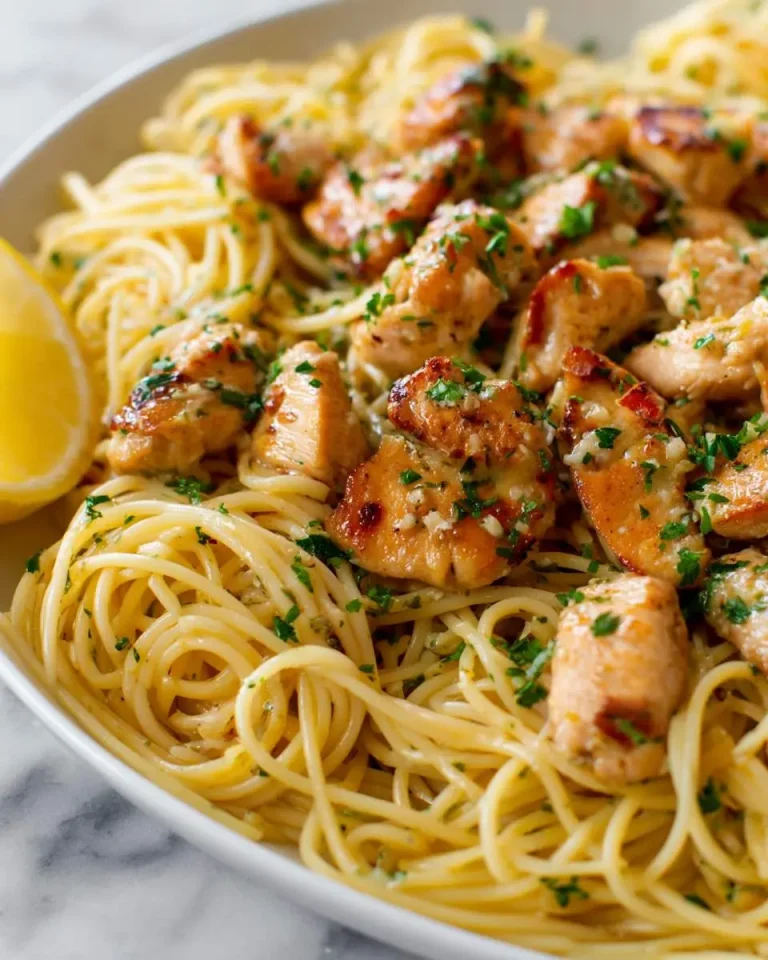 Chicken Scampi Pasta with golden seared chicken pieces over spaghetti noodles, garnished with fresh herbs and lemon.