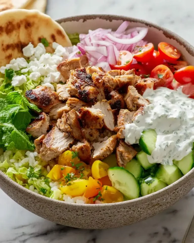 A Chicken Shawarma Bowl with grilled chicken, fresh vegetables, tzatziki, feta, and warm pita in a ceramic bowl.