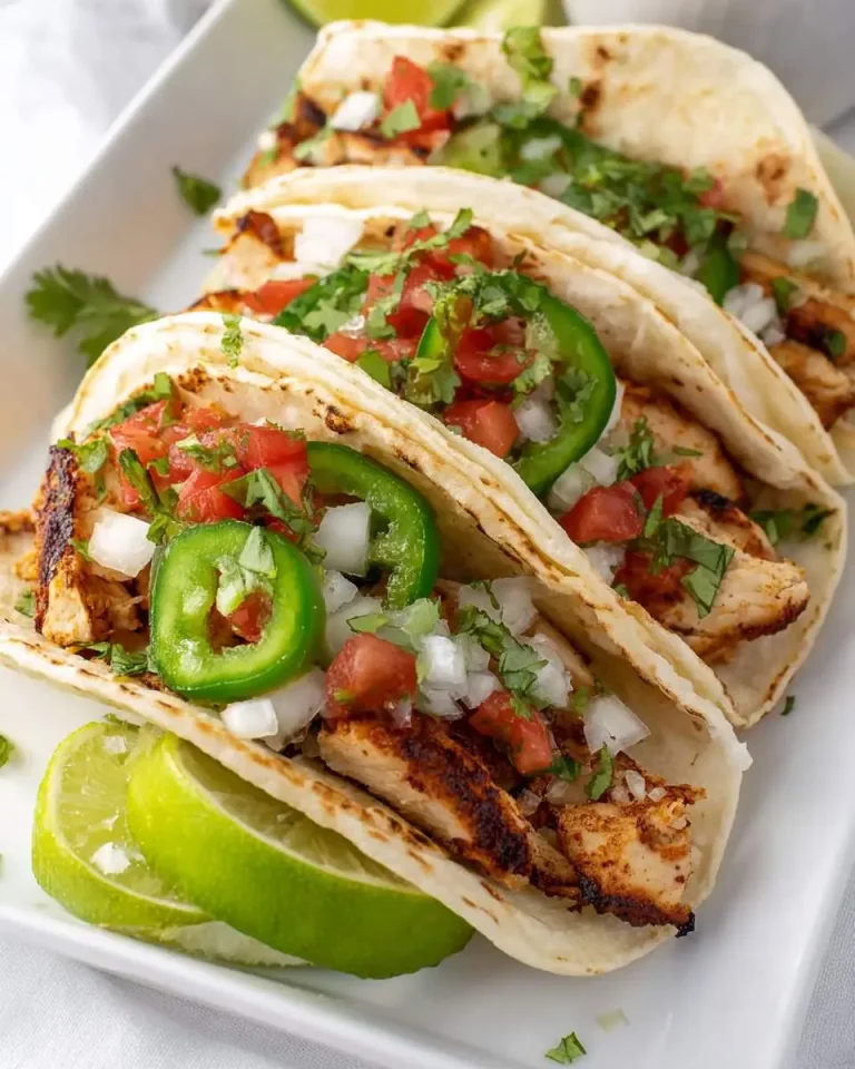 Three Chicken Street Tacos on a white plate topped with fresh pico de gallo, jalapeños, cilantro, and lime wedges.