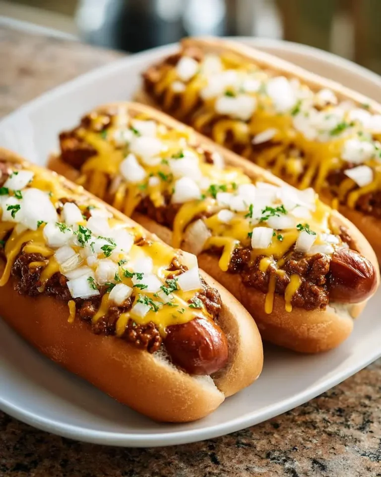 Three chili cheese dogs topped with melted cheese, diced onions, and fresh herbs on a white plate.