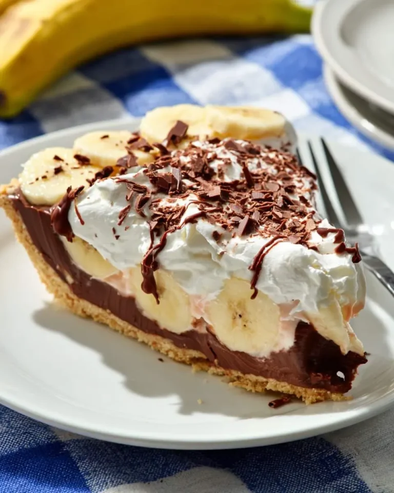 A slice of Chocolate Banana Cream Pie with layers of chocolate pudding, fresh bananas, whipped cream, and chocolate shavings on a graham cracker crust.
