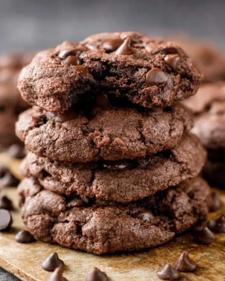 A stack of fudgy Chocolate Cake Mix Cookies with melted chocolate chips on top, sitting on parchment paper.