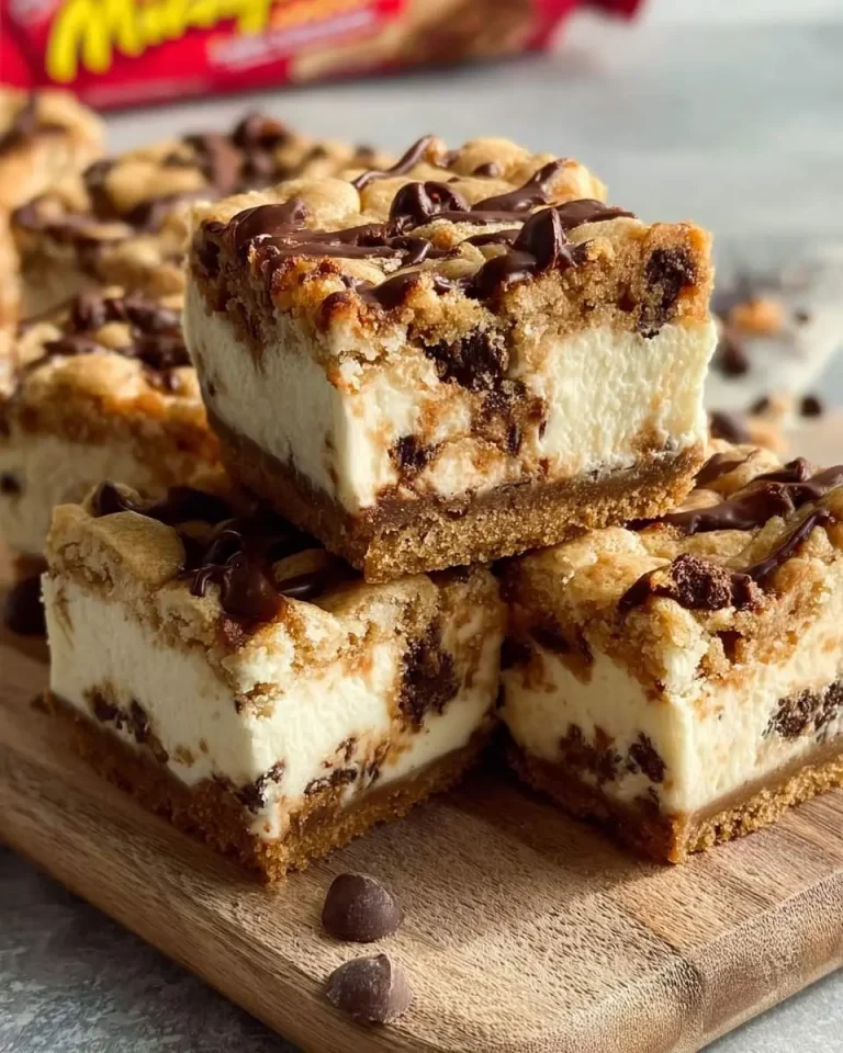 Stack of Chocolate Chip Cookie Cheesecake Bars with creamy filling, cookie crust, and chocolate drizzle on a wooden board.