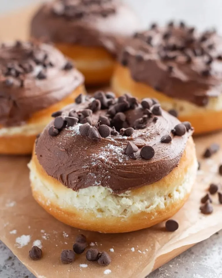 Chocolate Chip Cream Puff Donuts topped with rich chocolate frosting and mini chocolate chips on brown parchment paper.