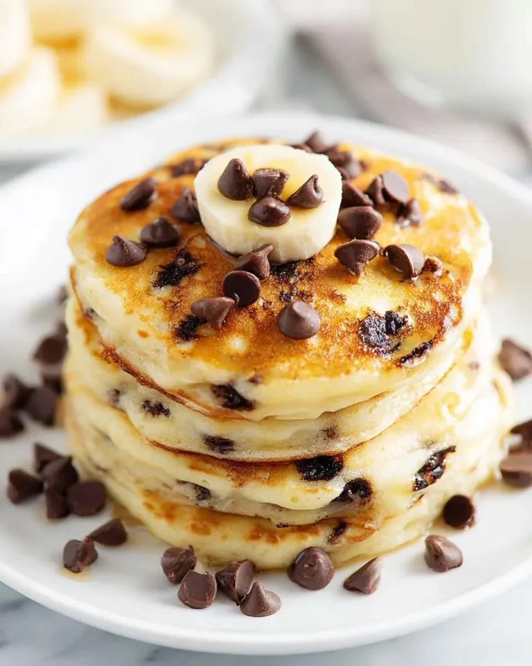 Stack of fluffy chocolate chip pancakes topped with banana slices and extra chocolate chips on a white plate.