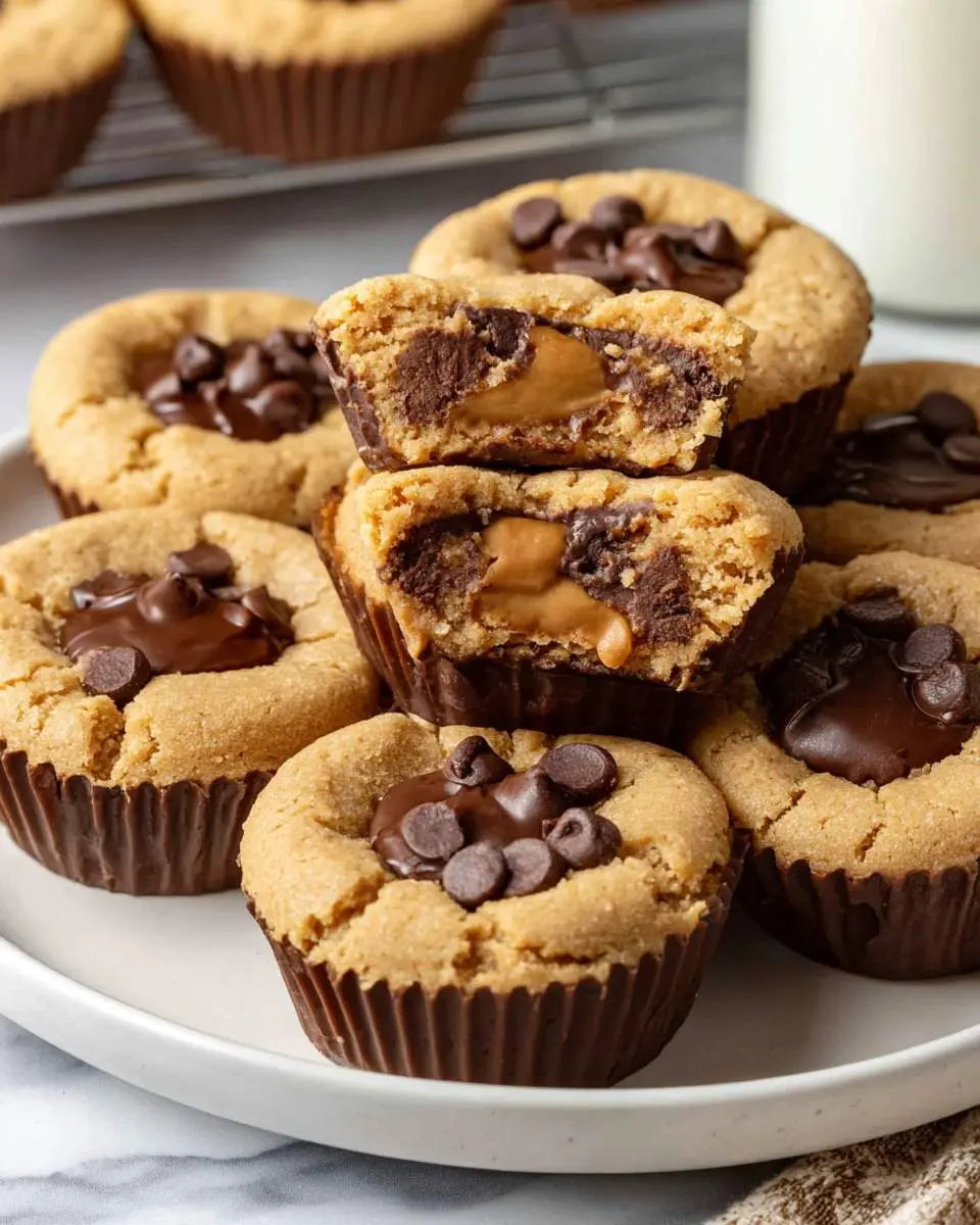 Stack of homemade Chocolate Chip Peanut Butter Cups with melty centers and chocolate chips on top, displayed on a white plate.
