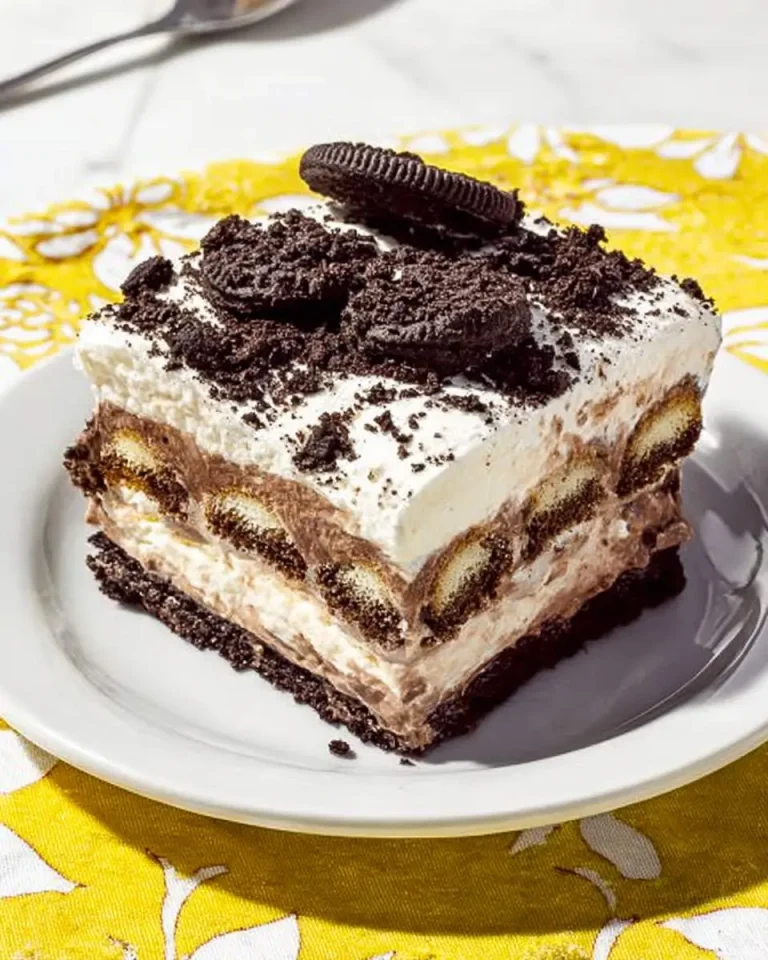A slice of Chocolate Lasagna dessert with layers of cream cheese, chocolate pudding, and Oreo cookies on a white plate.