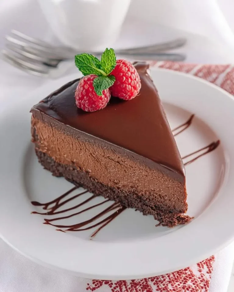 A slice of rich Chocolate Mousse Cake topped with fresh raspberries and mint on a white plate.