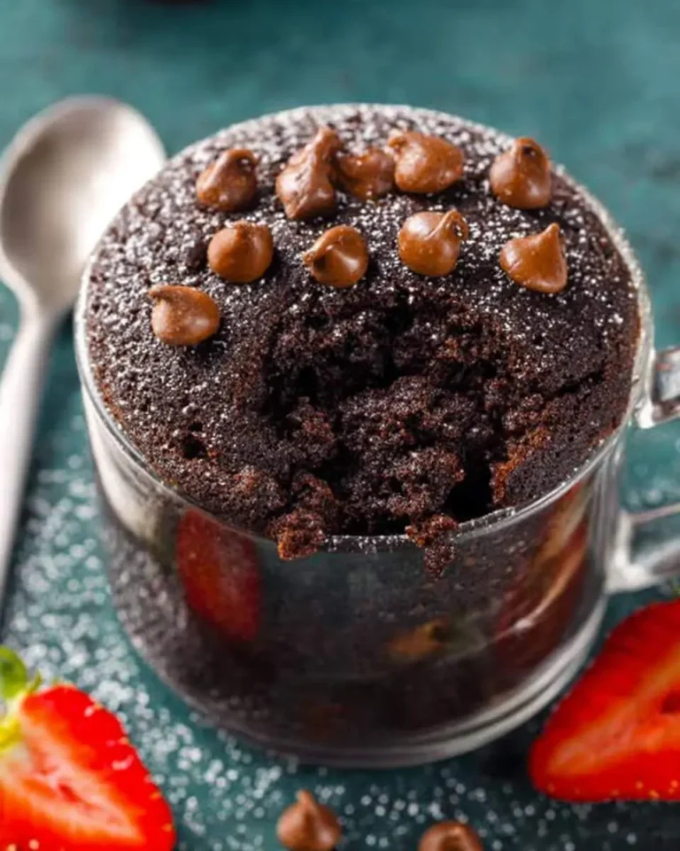 Warm chocolate mug cake topped with melted chocolate chips and powdered sugar, served with fresh strawberries.