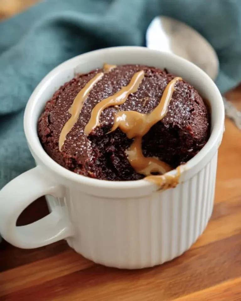 Chocolate Peanut Butter Mug Cake in a white ramekin with peanut butter drizzle on top.