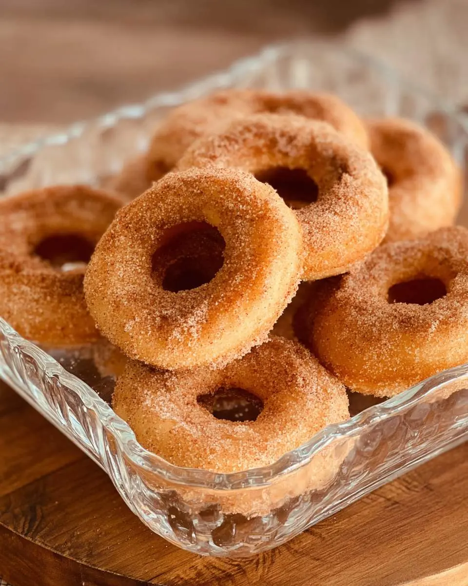 A glass dish filled with Churro Baked Donuts coated in cinnamon sugar, stacked on a wooden surface.